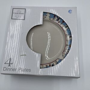 Canterbury Potteries Snowman Holiday Dinner Plates Set of 4 Toby Pieri NIB Vtg